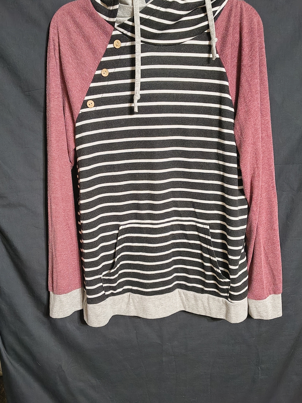 Striped Black & White Hoodie Sweater with Rose Raglan Sleeves